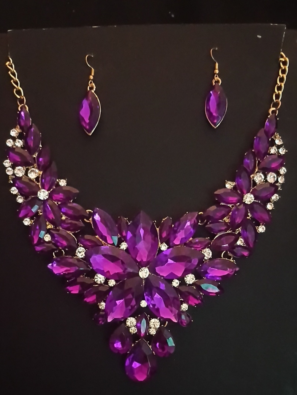 Purple Crystal Statement Necklace and Earring Set